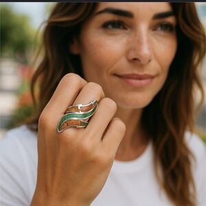 Navajo Vintage Sterling Silver Inlay Turquoise & Coral Double Wrap Aroun…